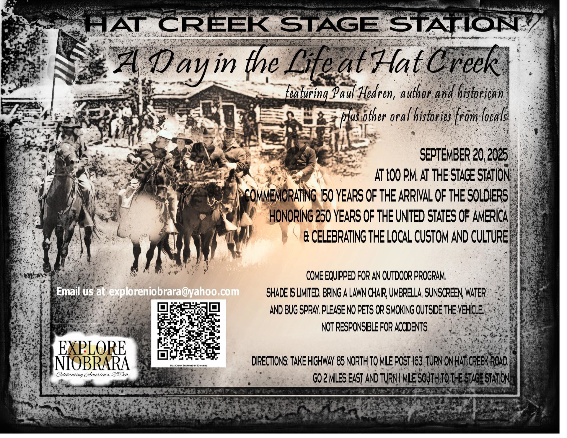 Old west, army fort, stagecoach, calvary on horses, America's 250th, Hat Creek Stage Station Paul Hedren, history, oral history