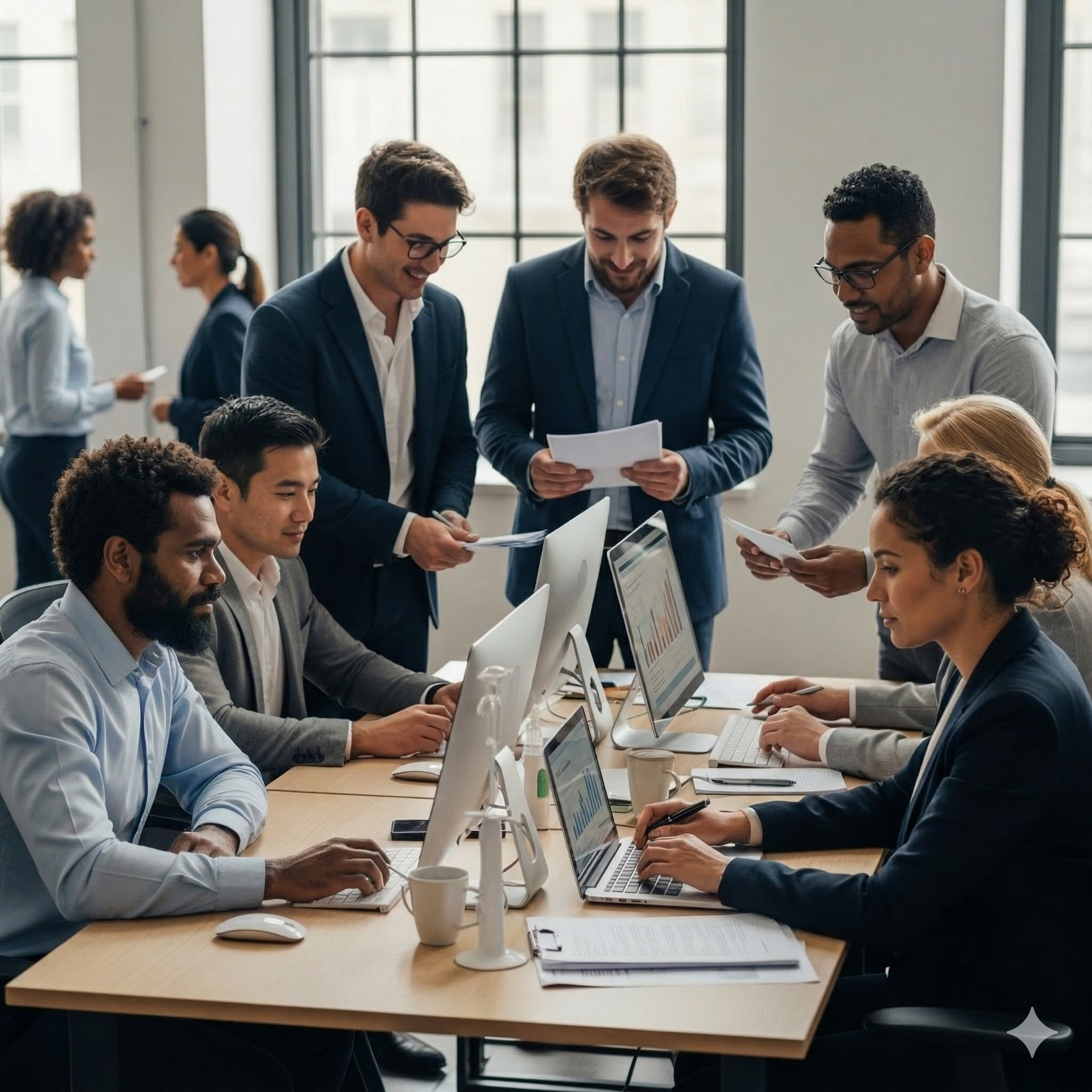 Diverse professionals in a bright office collaborating around a conference table with computers and documents.
