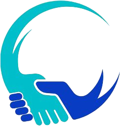 A stylized logo featuring a light blue hand and a dark blue hand shaking, forming a circular shape.