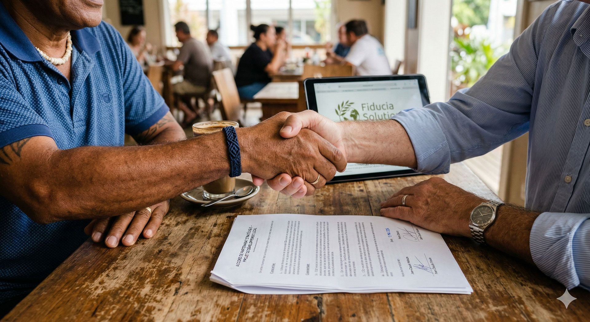 Two people shake hands over a document and laptop on a rustic wooden table in a cafe.