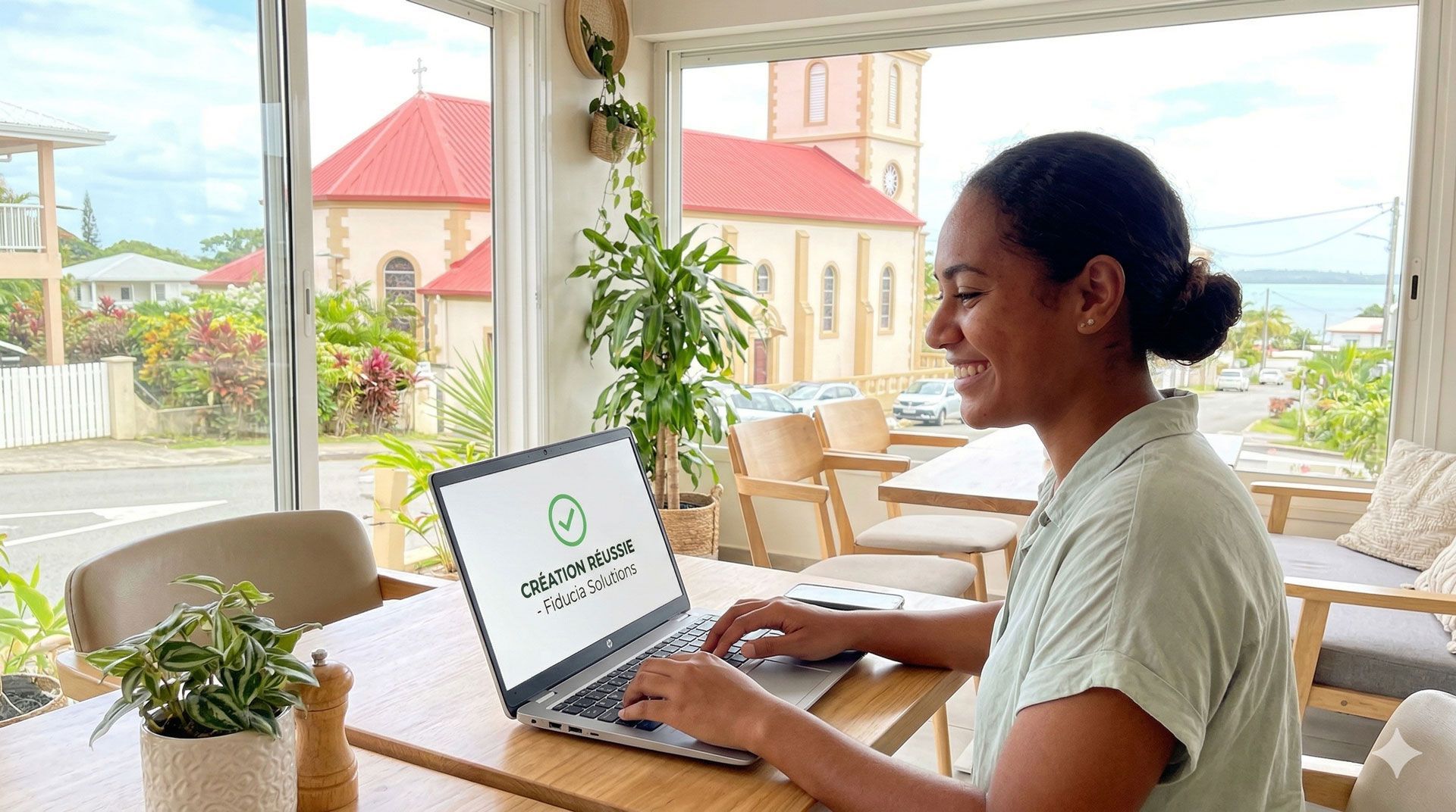 A person smiling while working on a laptop at a table in a sunlit room overlooking a church and coastal landscape.