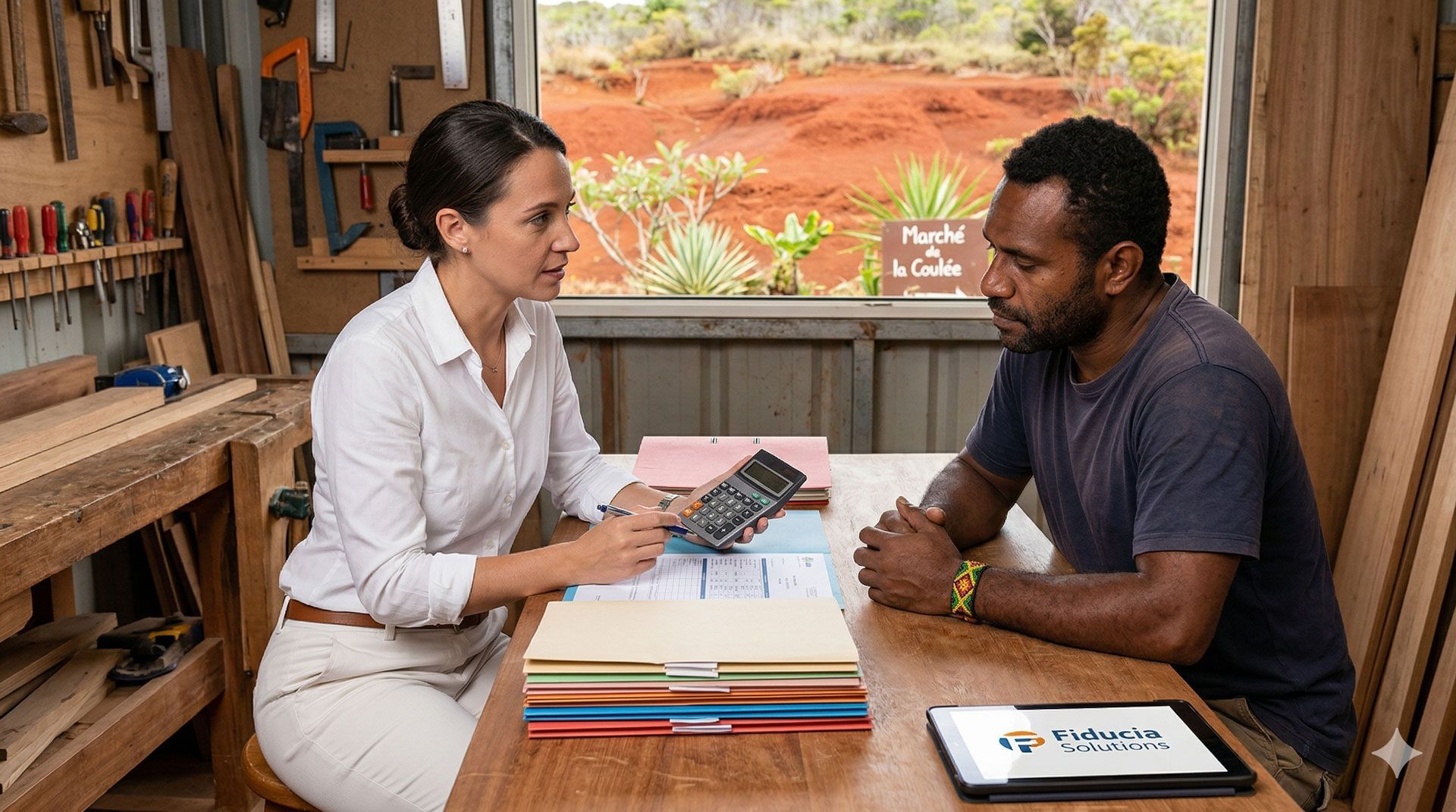 A person in a white shirt and another in a blue shirt discuss documents at a wooden table in a woodworking workshop.