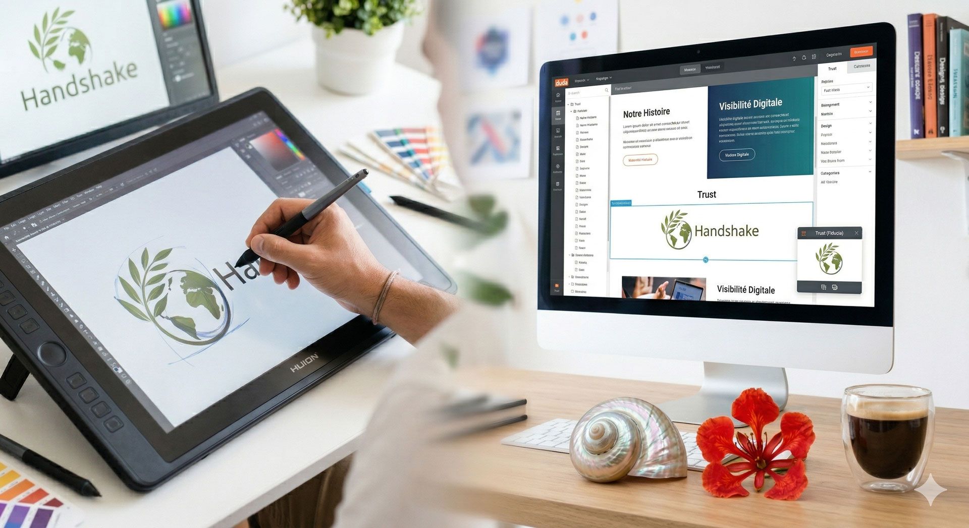 A person drawing a logo on a digital tablet next to a computer monitor displaying design software in an office setting.