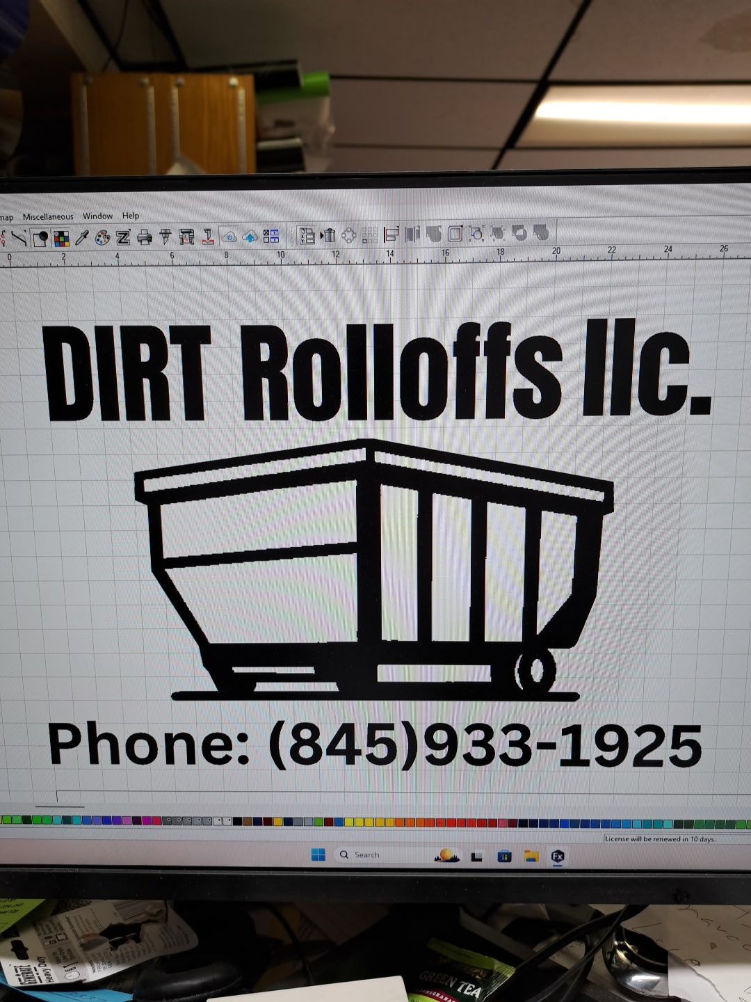 Logo for DIRT Rolloffs LLC with dumpster graphic and phone number (845)933-1925.