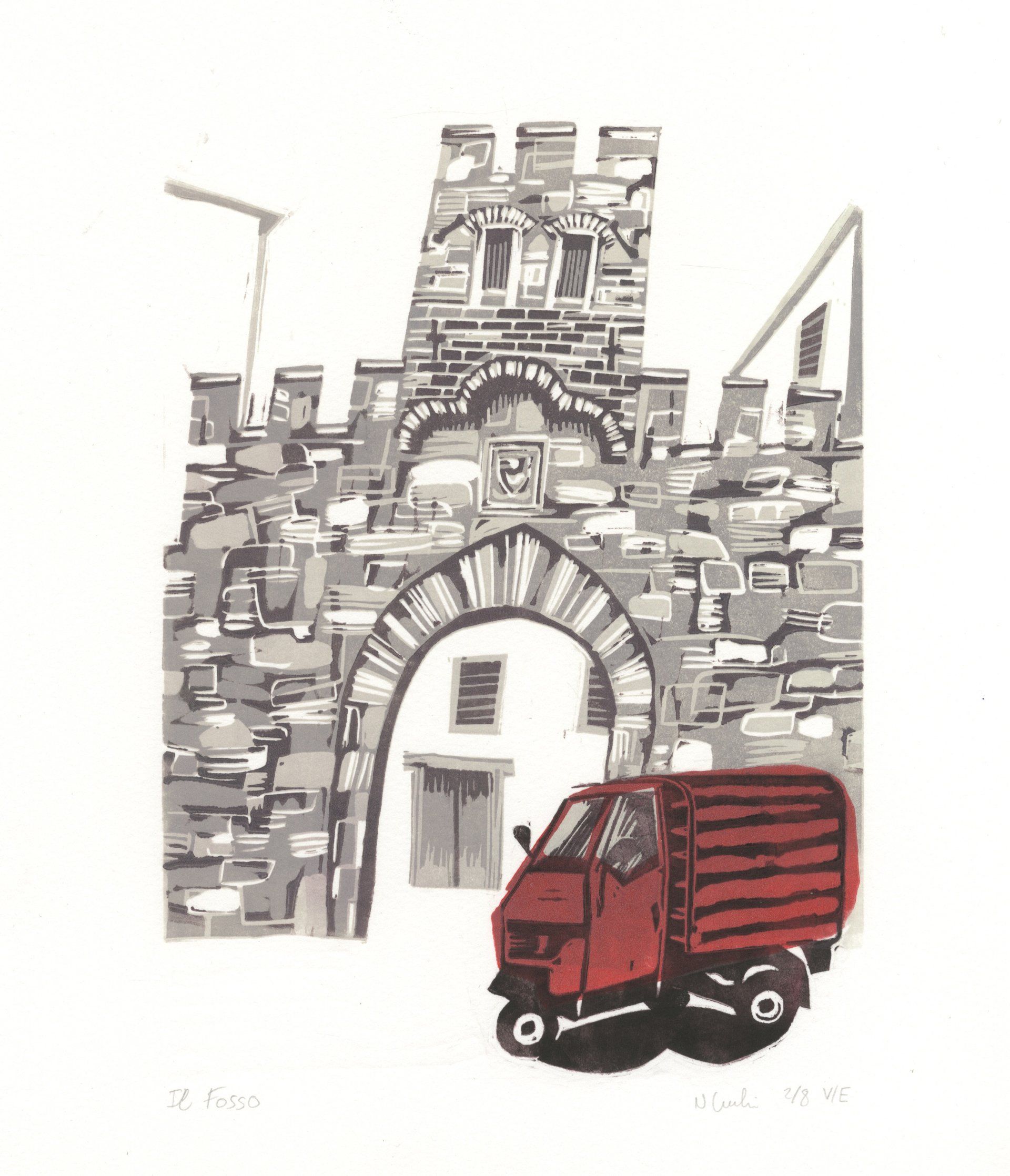 A printed view of a medieval gateway and a three-wheeled van parked in front of it