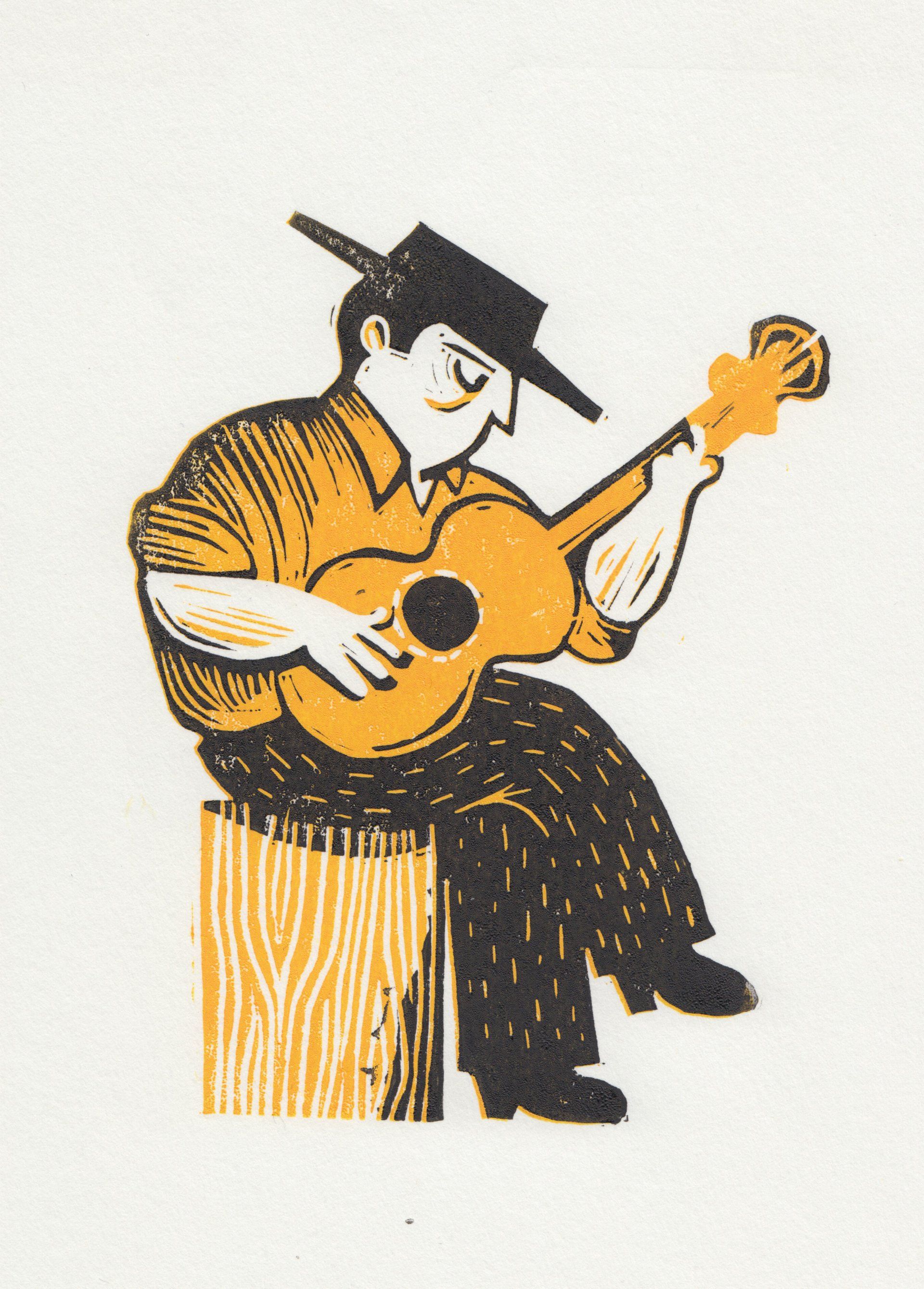 A print of a seated man playing acoustic guitar