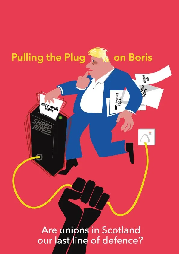An illustration of Boris Johnson feeding employment law paperwork into a shredder