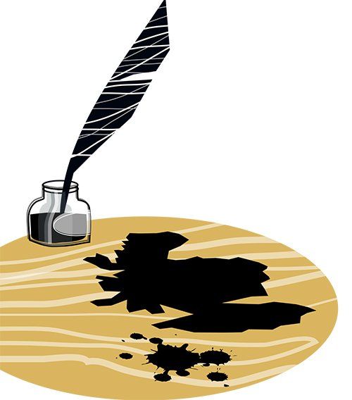 Feather pen and ink pot sit beside an ink blot in the shape of Scotland