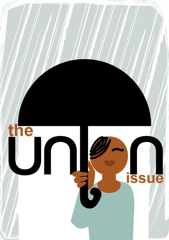 An illustration of a woman holding an umbrella, incorporating the word 'Union'