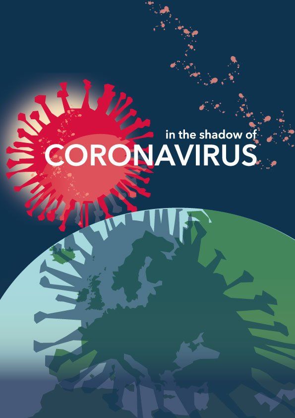 Illustration of covid-19 virus portrayed as a planet over Earth