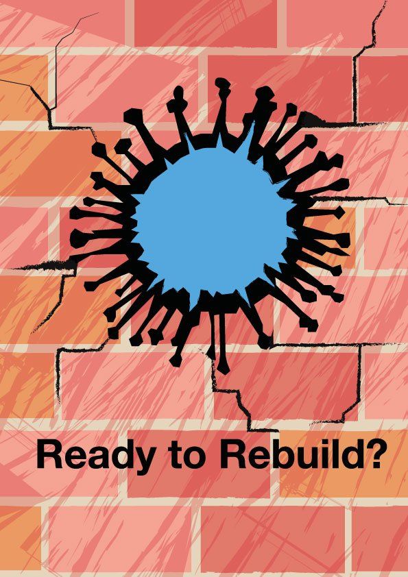 A coronavirus-shaped hole in a cracking brick wall