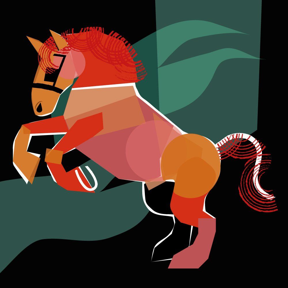 An abstracted illustration of a rearing horse