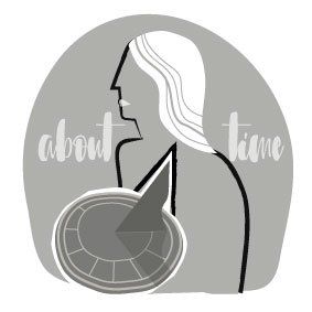 Abstracted figure of a woman behind a sundial