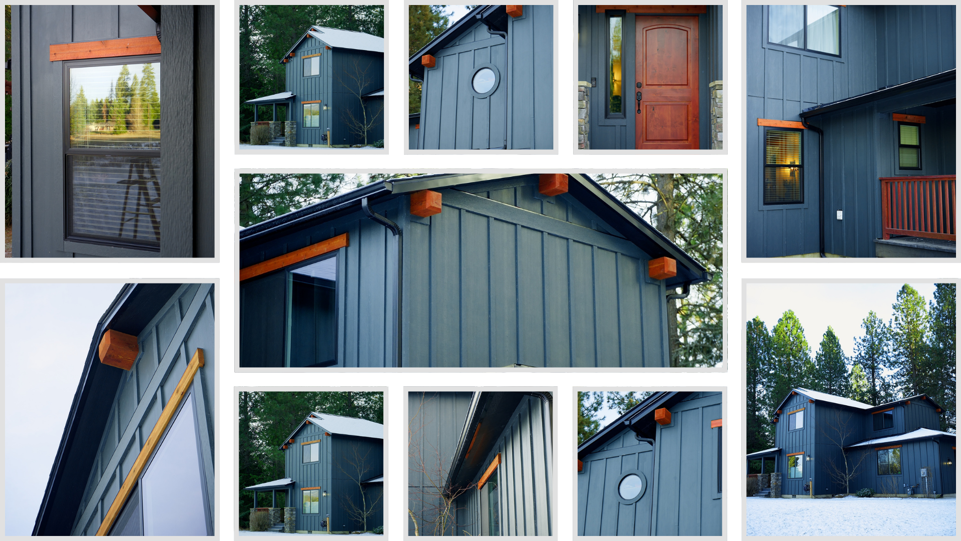 Exterior views of a dark gray cabin with orange trim. Snowy outdoor setting with forest in the background.