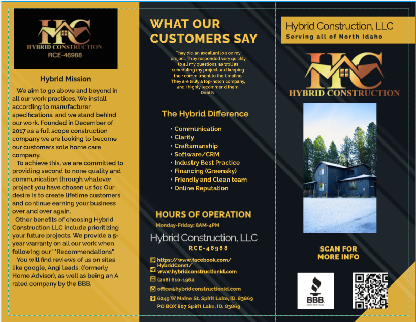 A tri-fold construction services brochure featuring sections on custom builds, exterior roofing, and interior remodeling.