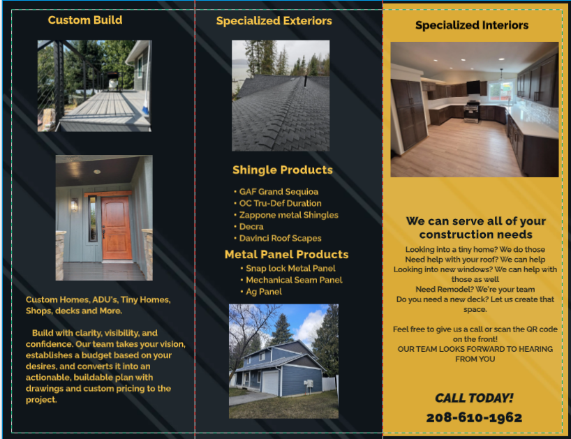 A tri-fold construction services brochure featuring sections on custom builds, exterior roofing, and interior remodeling.