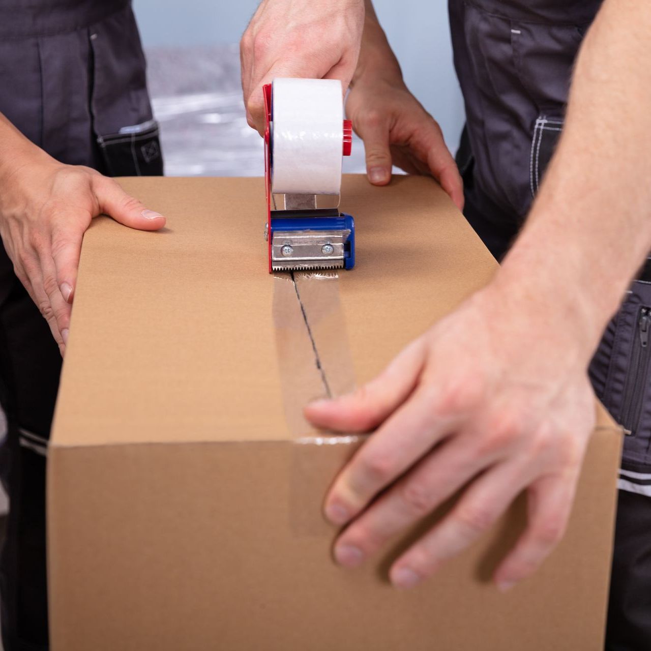 two men tape a cardboard box with scotch tape