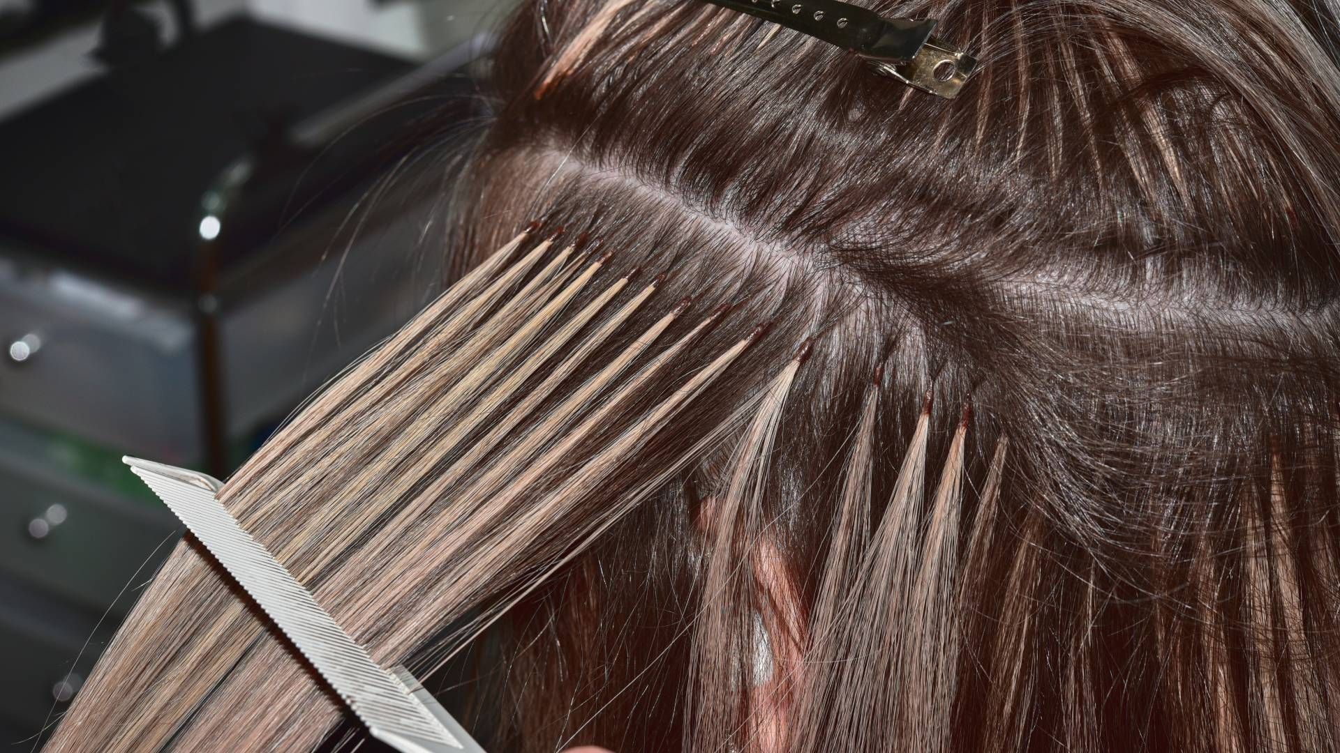 A woman is getting her hair cut by a hairdresser.