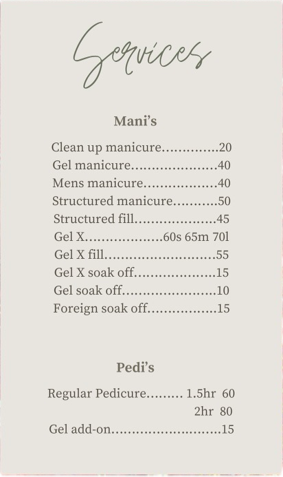 A list of services including manicure and pedicure