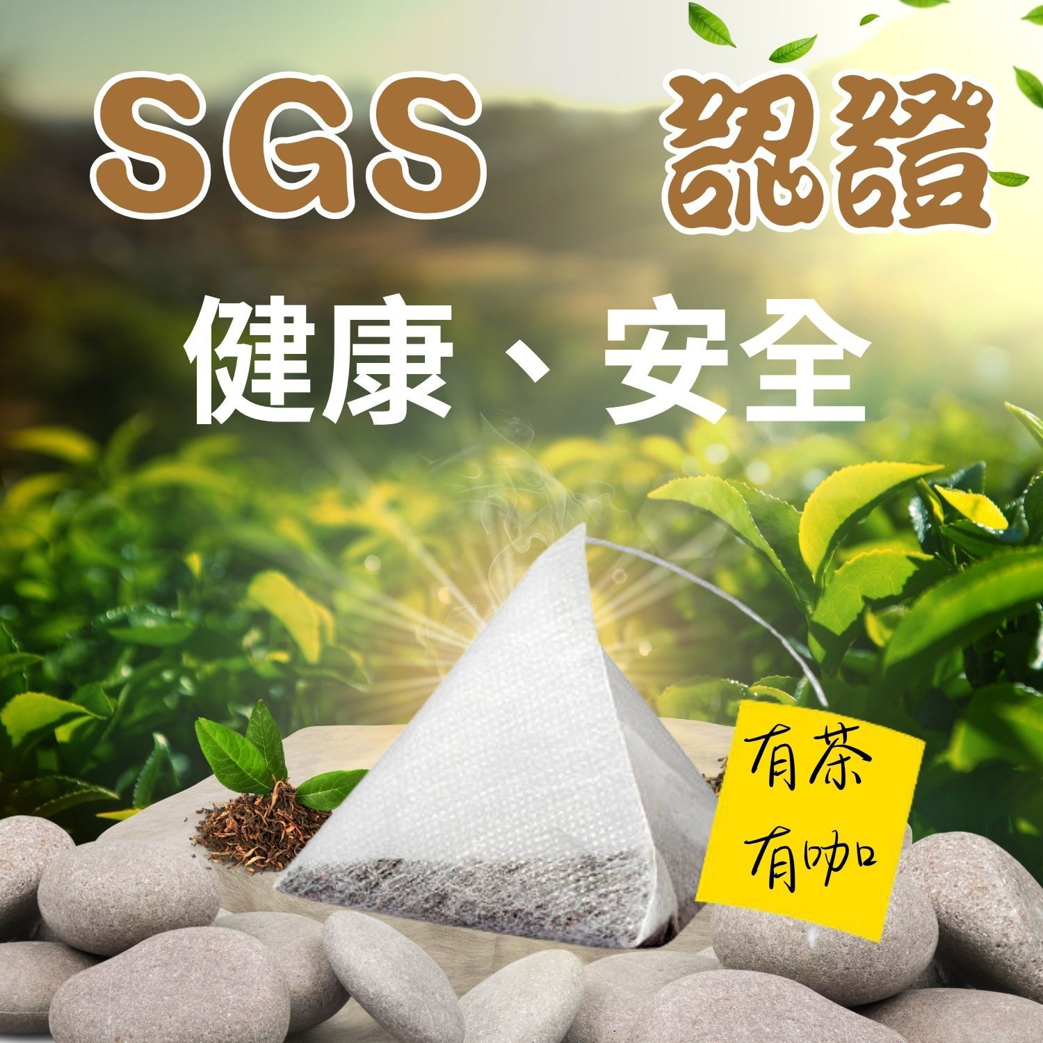 SGS認證茶包，印有中文「健康、安全」字樣。內含石子、茶葉和綠葉。