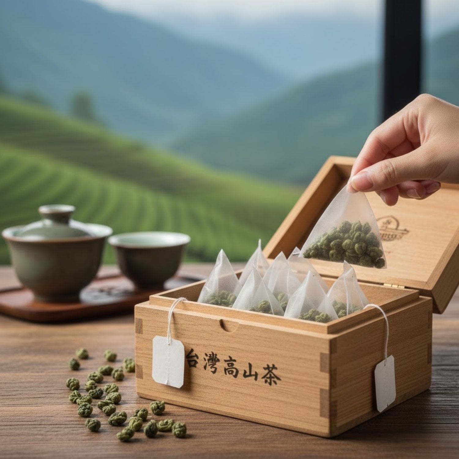 一盒茶包,一隻手從中取出一個。背景有茶杯、茶葉和茶園。