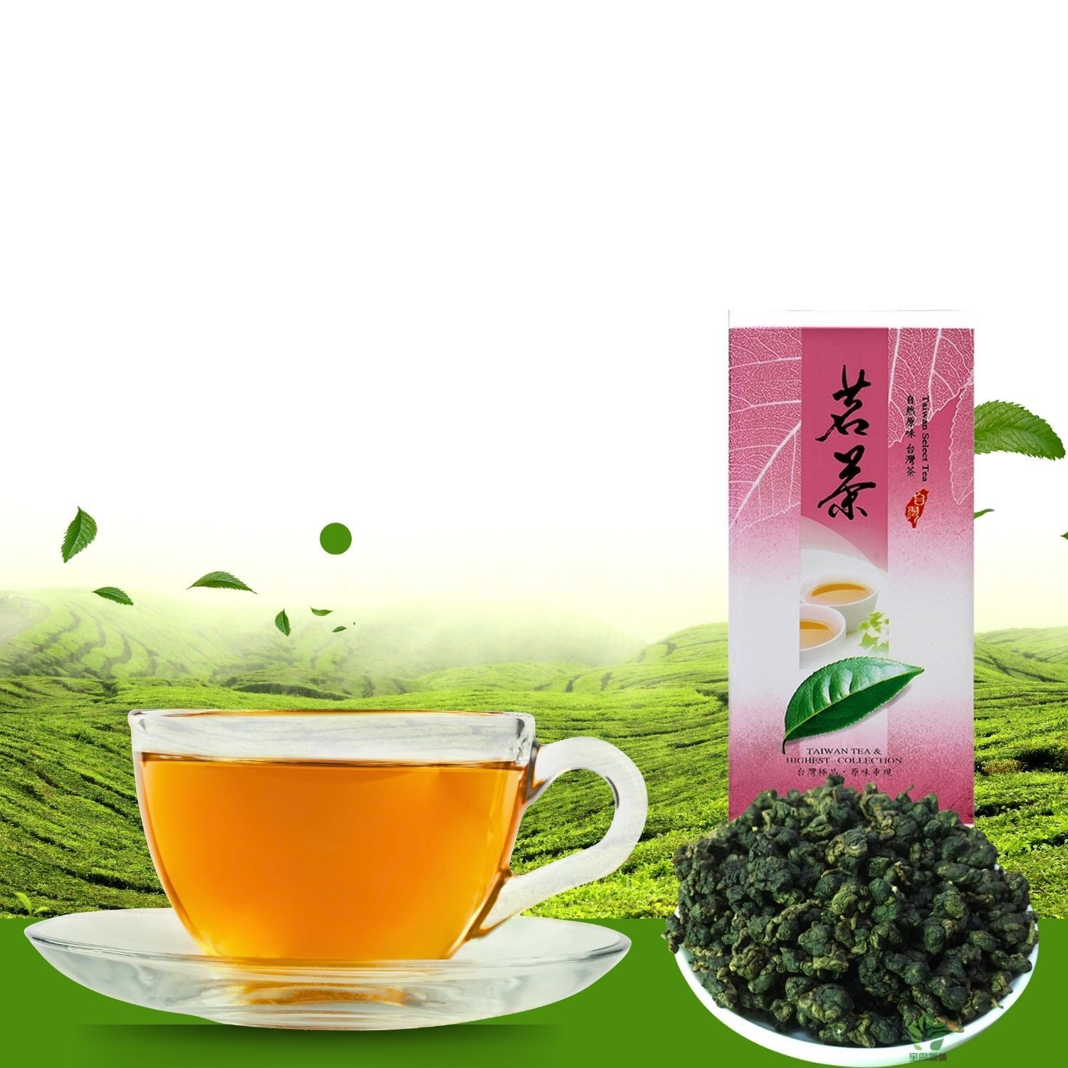 茶杯放在茶碟上,旁邊是茶包包裝和散裝茶葉,背景是茶園。