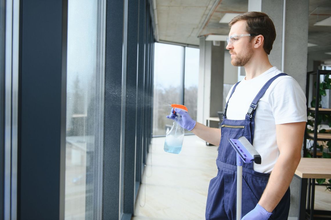a man is cleaning a window with a spray bottle .