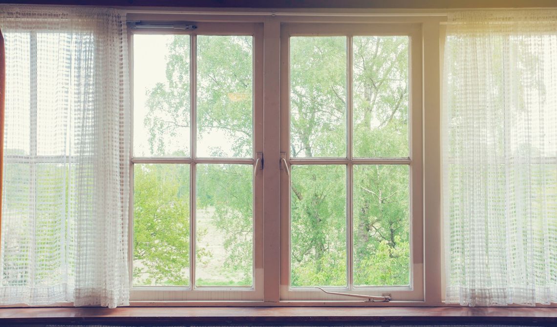 there is a window with a view of the trees outside .