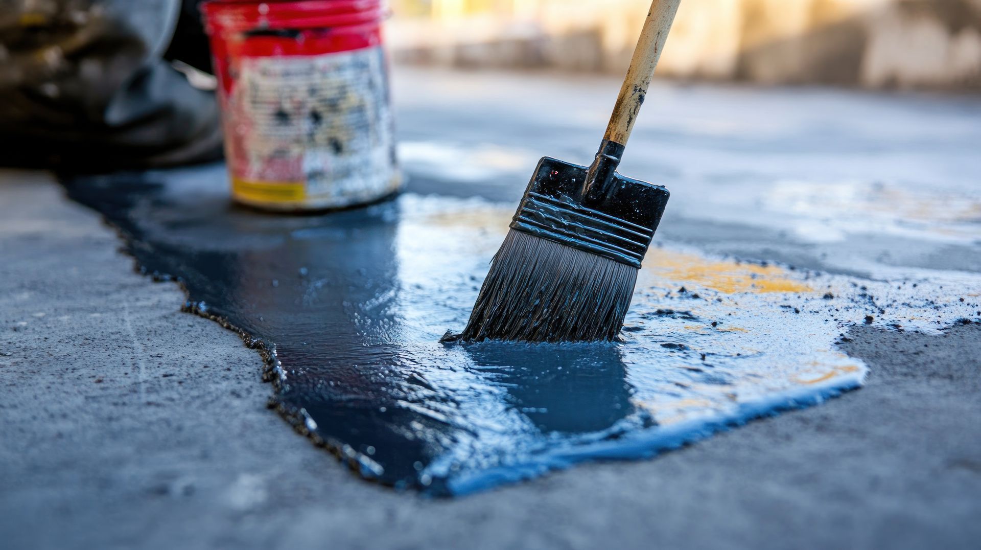 Une personne peint une surface en béton avec un pinceau.