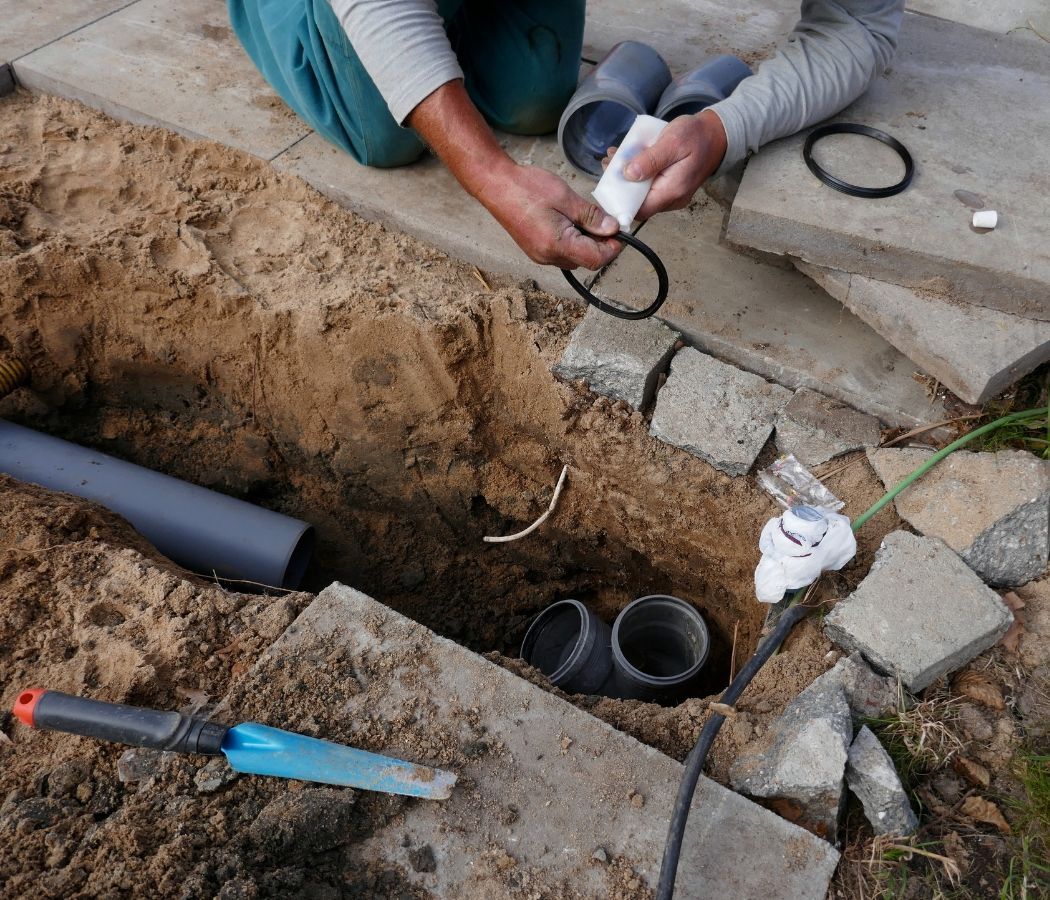 A man is kneeling down in the dirt working on a pipe.