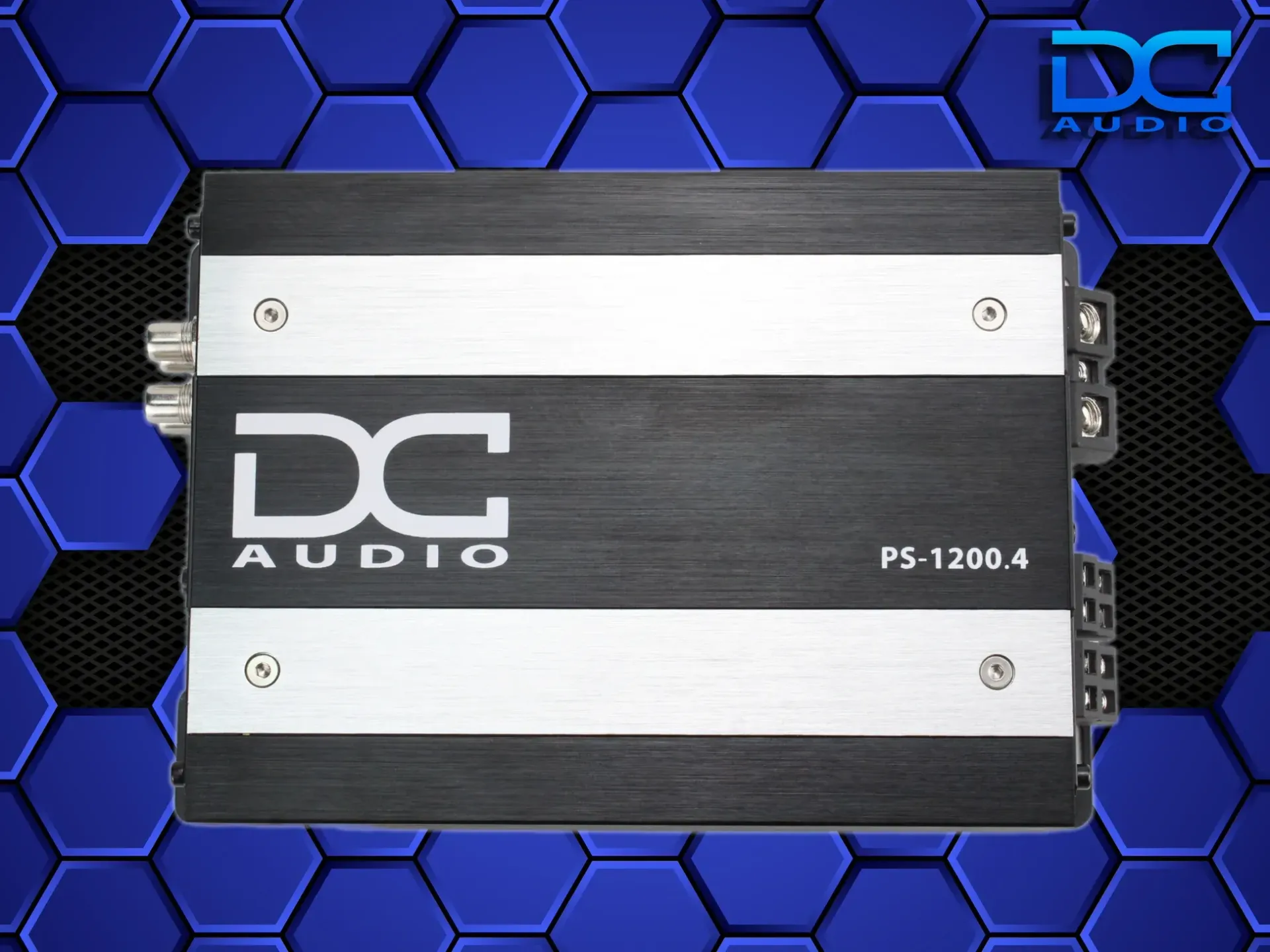 DC Audio car amplifier on blue hexagon background. Displays top and side views of the device. Silver and black.