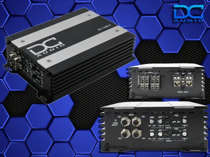 A dc audio amplifier is shown on a blue background