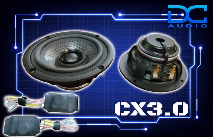 A pair of speakers sitting on top of a blue background that says cx3.0