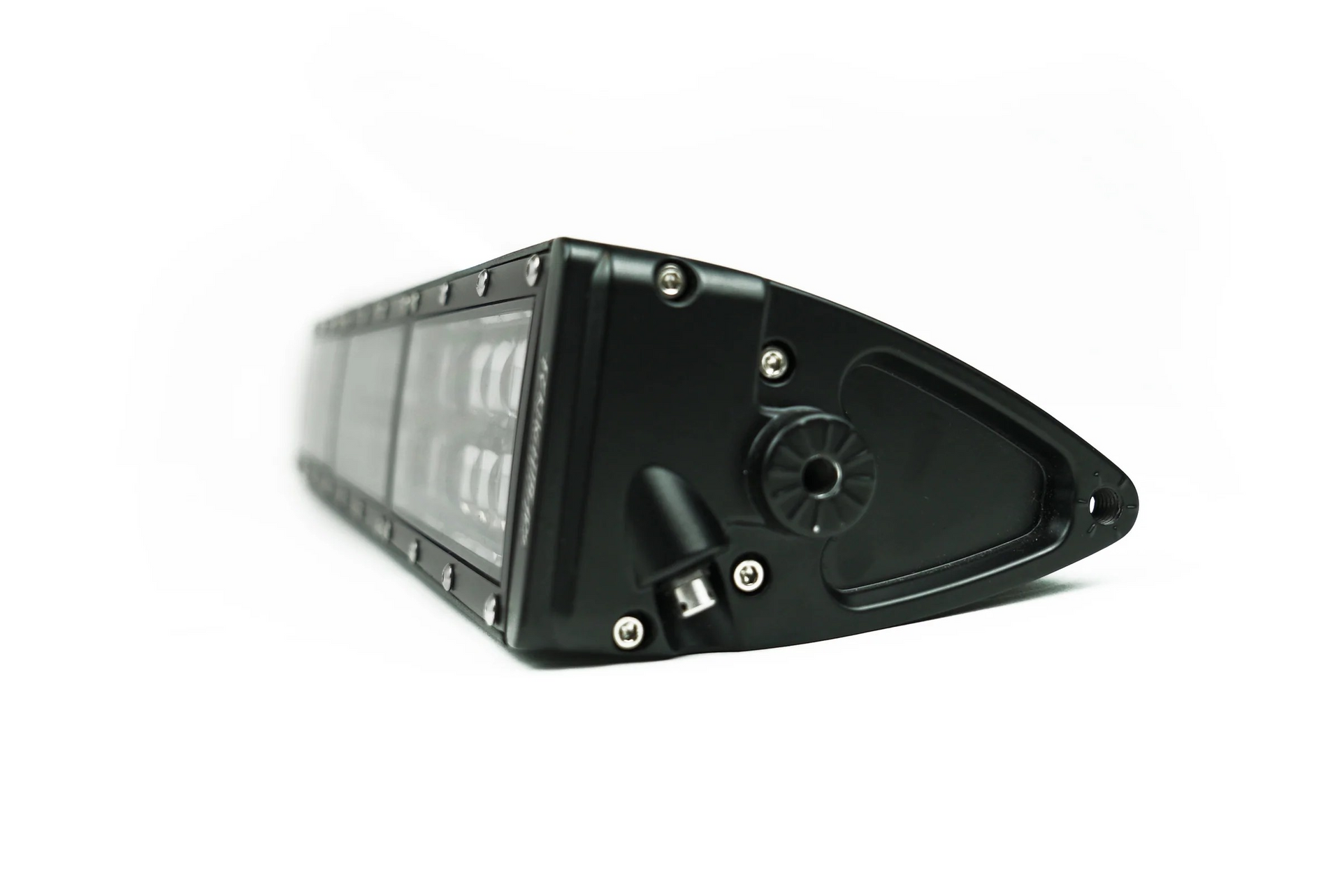 Black LED light bar with visible LEDs, cable, and connector, angled on a white background.