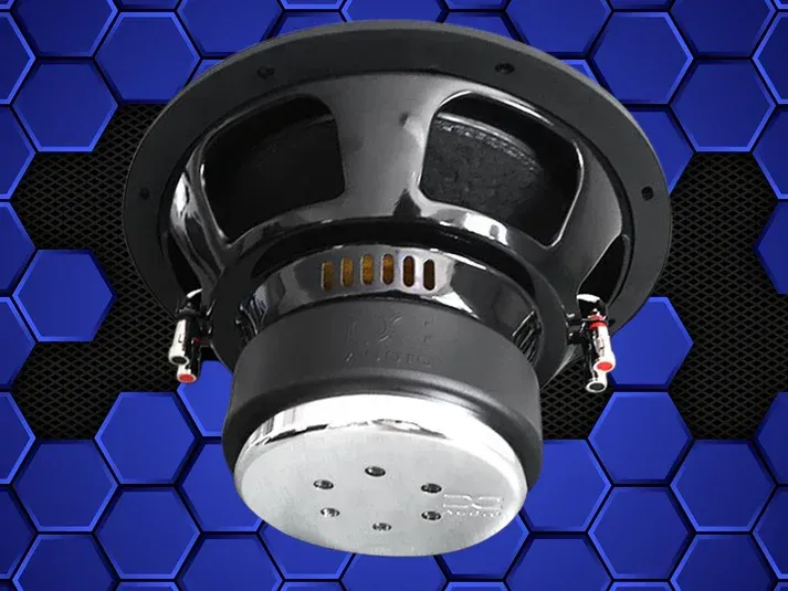 Black DC Audio subwoofer with white stitching, set against a blue honeycomb background.