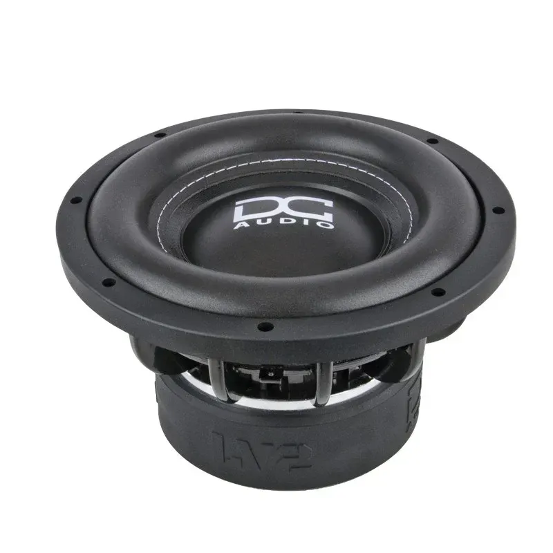 A black dc audio subwoofer on a white background