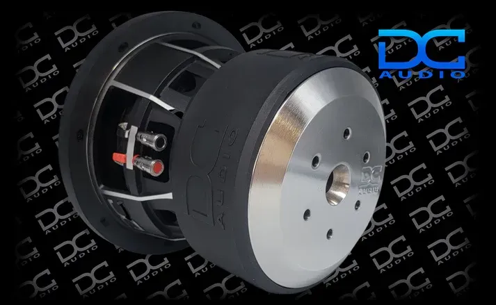 DC Audio subwoofer with black and silver details.