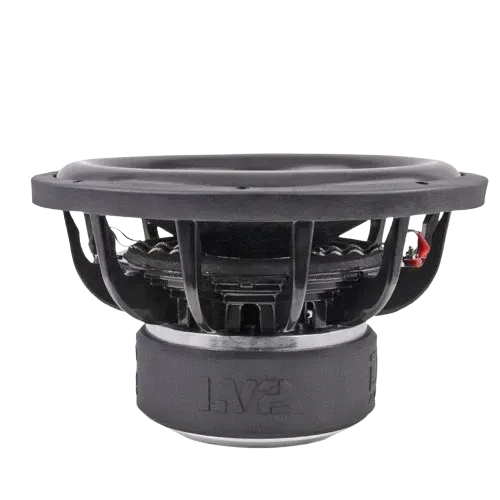 Black DC Audio subwoofer. Round, with white stitching on the cone and DC Audio logo in the center.