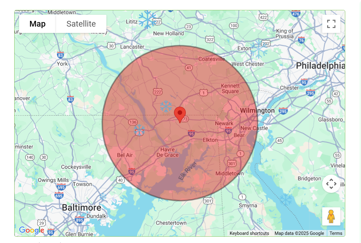 Map showing a red circle centered on a point near Wilmington, DE, covering parts of Delaware, Pennsylvania, and Maryland.