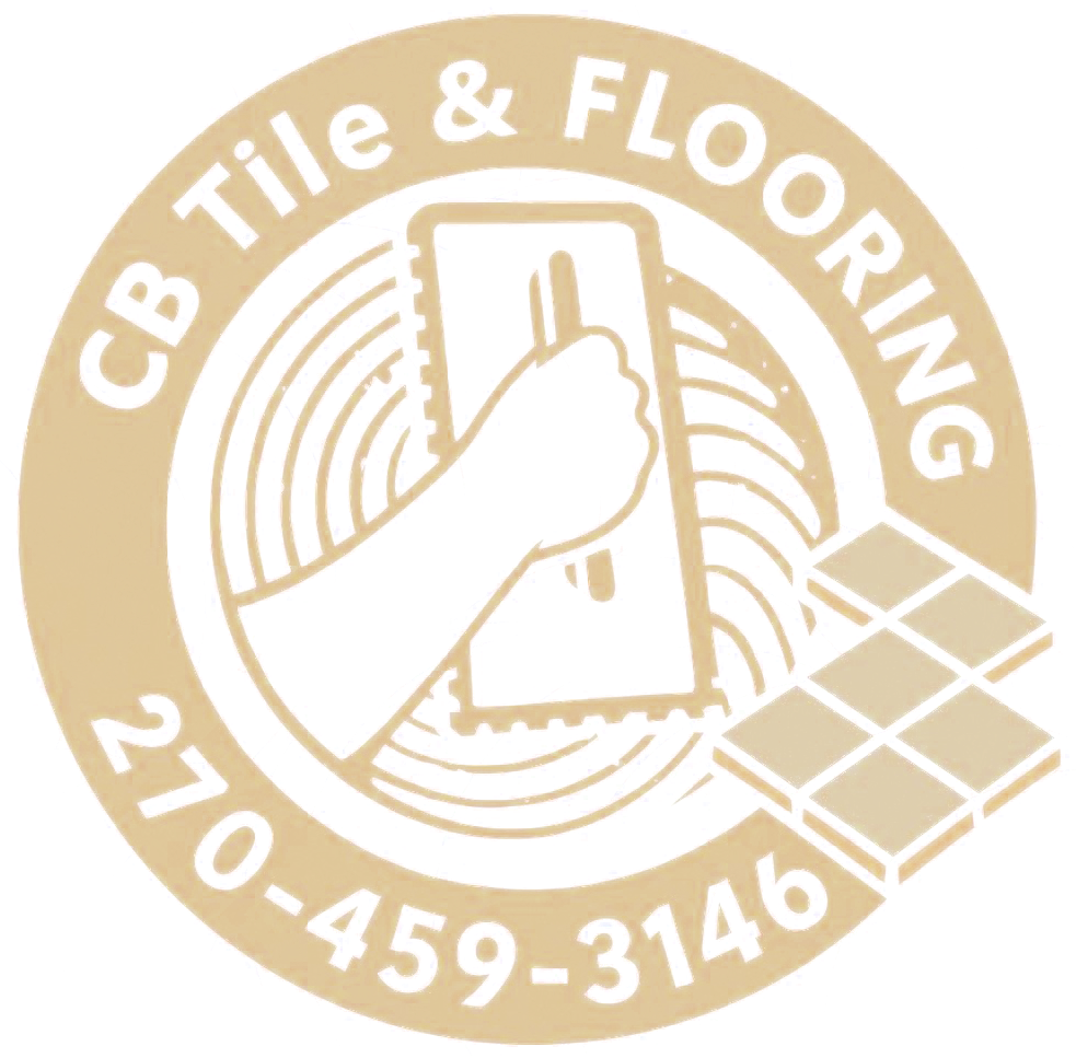 Logo for CB Tile & Flooring, featuring a hand holding a trowel, tiles, and phone number.