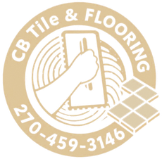 Logo for CB Tile & Flooring, featuring a hand holding a trowel, tiles, and phone number.