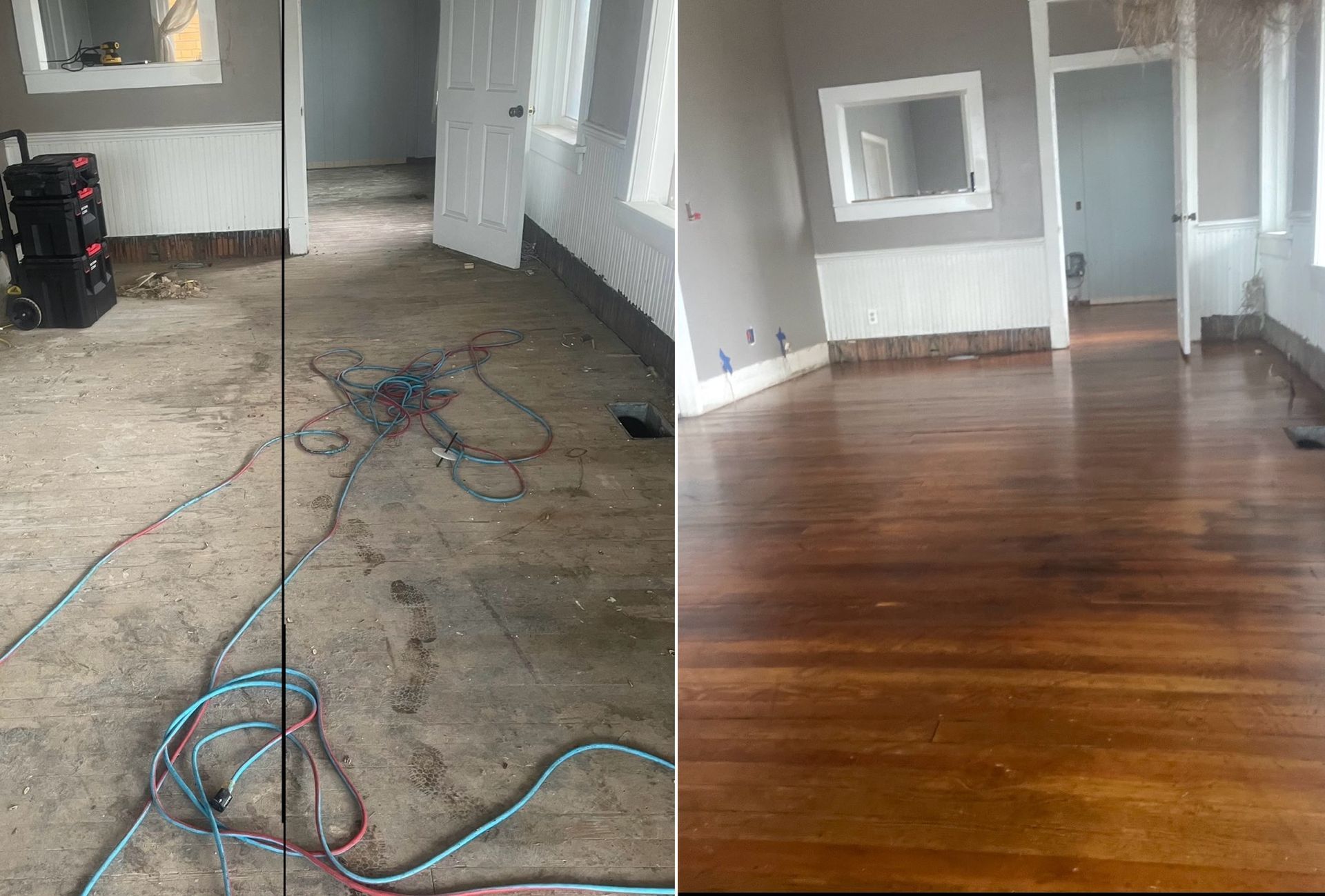 Before and after of a room with hardwood floors being restored, showing bare, messy flooring on left and polished wood on right.