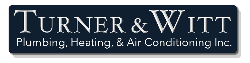 Turner & Witt Plumbing, Heating, & Air Conditioning Inc. logo on a dark blue background. Text in white.