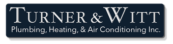 Turner & Witt Plumbing, Heating, & Air Conditioning Inc. logo on a dark blue background. Text in white.