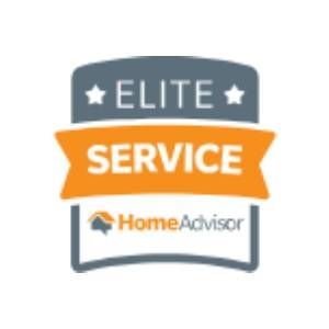 HomeAdvisor Elite Service badge: grey, orange, and white with HomeAdvisor logo.