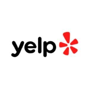 Yelp logo: Black "yelp" text with a red, asterisk-like star on white background.