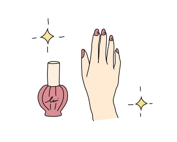 A hand with red nails and a bottle of nail polish.