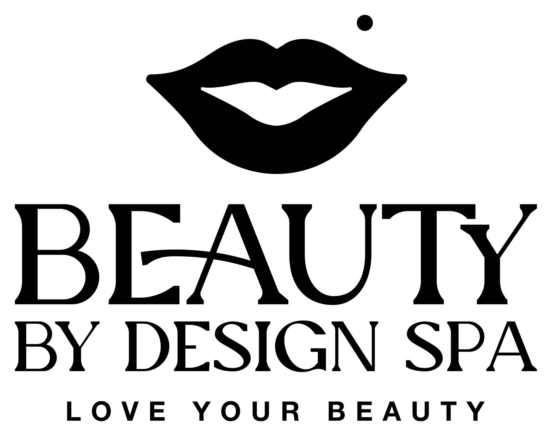 The logo for beauty by design spa shows a woman 's lips and says `` love your beauty ''.