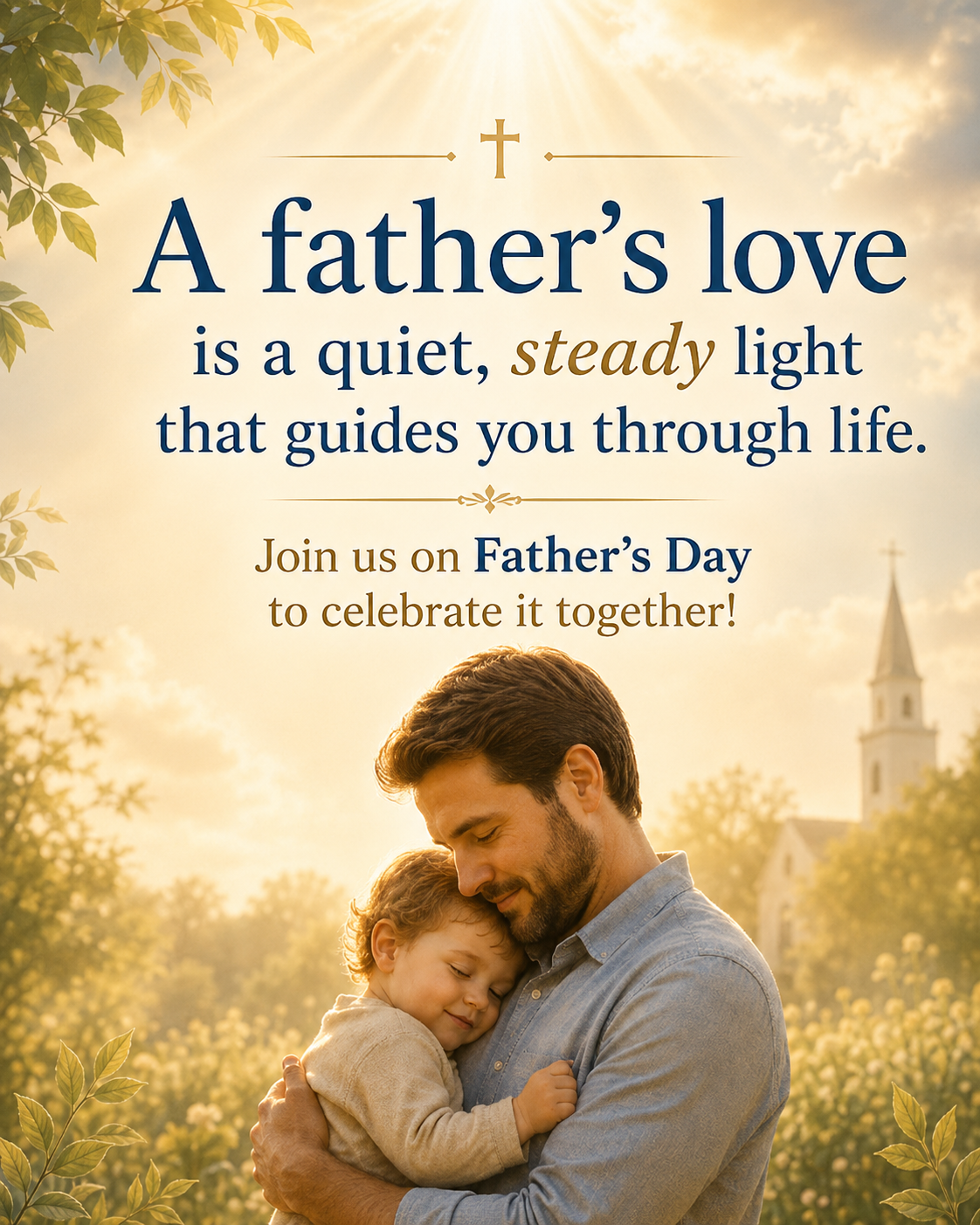 A father is holding a baby. A poster inviting everyone to celebrate Father's Day