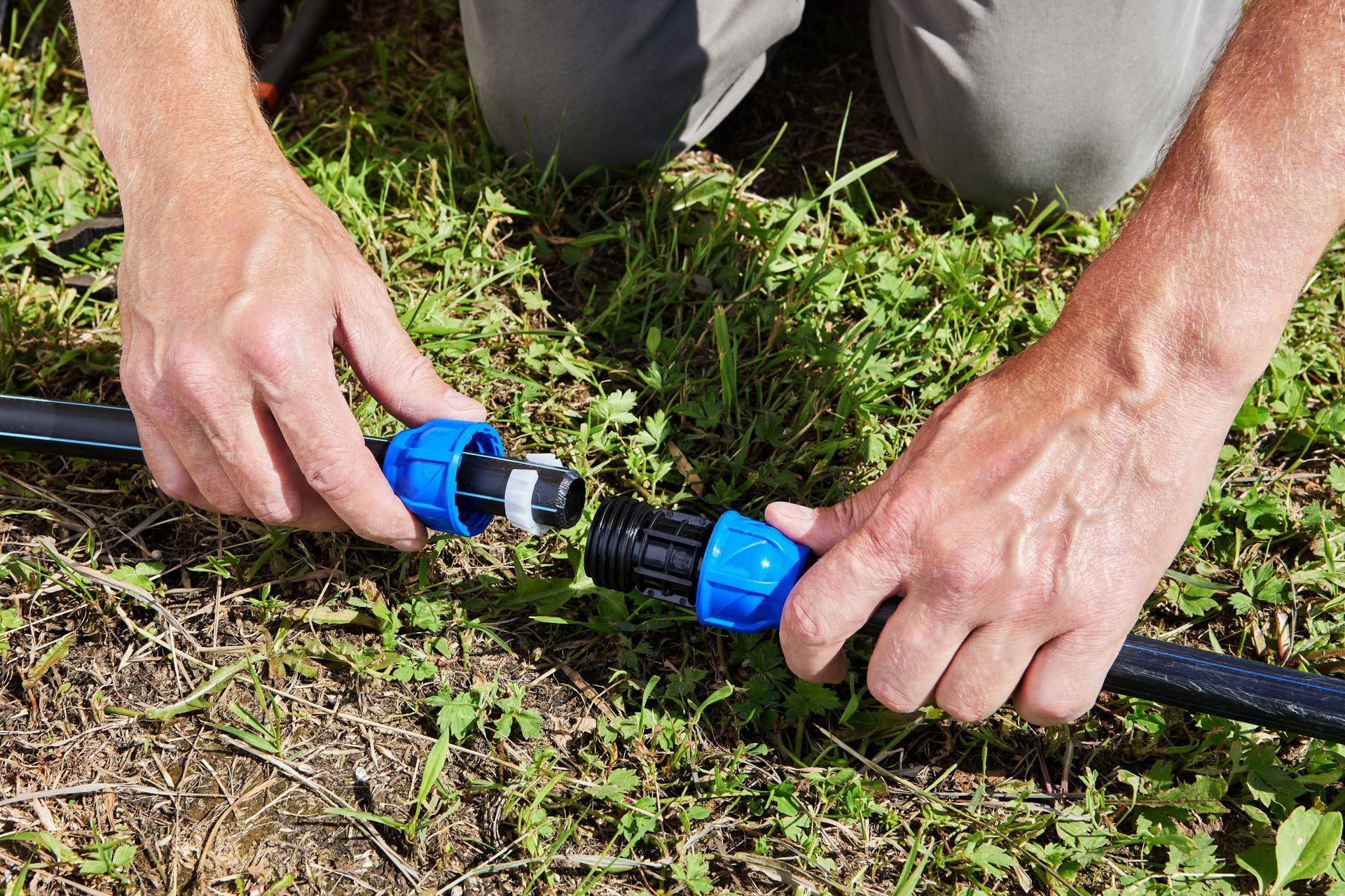 Hands connecting two blue and black water hose connectors on grass.